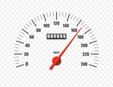 Saydam arka planda yalıtılmış gerçekçi hız göstergesi. Motor mil ölçüm ölçeğiile spor araba kilometre sayacı. Yarış hız sayacı. Motor gücü kavramı şablonu. Vektör çizimi