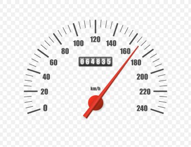 Realistic speedometer isolated on transparent background. Sport car odometer with motor miles measuring scale. Racing speed counter. Engine power concept template. Vector illustration clipart