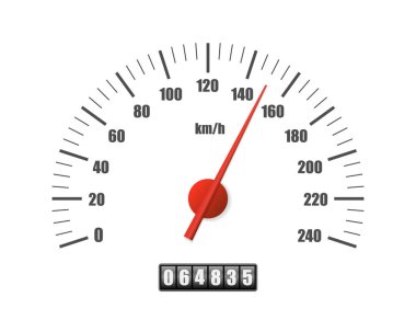 Realistic speedometer isolated on white background. Sport car odometer with motor miles measuring scale. Racing speed counter. Engine power concept template. Vector illustration clipart
