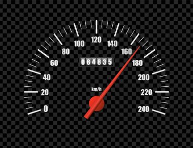 Saydam arka planda yalıtılmış gerçekçi hız göstergesi. Motor mil ölçüm ölçeğiile spor araba kilometre sayacı. Yarış hız sayacı. Motor gücü kavramı şablonu. Vektör çizimi