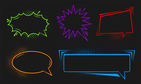 Pack of detailed empty comic speech bubbles. Colored isolated on black background. Vintage art style graphic elements. Hand drawn text comics bubbles. Vector illustration — Stock Vector