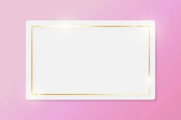 Gold shiny glowing vintage frame on white plate isolated on pink background. Golden luxury realistic border. Wedding, mothers or Valentines day concept. Xmas and New Year paper abstract. Vector — Stock Vector