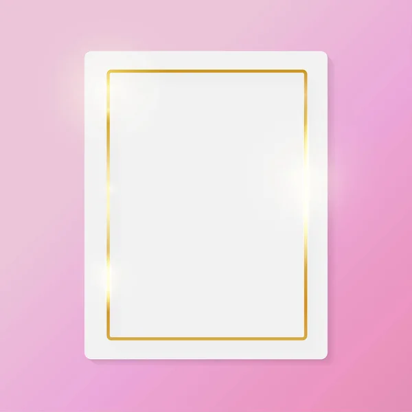 Gold shiny glowing vintage frame on white plate isolated on pink background. Golden luxury realistic border. Wedding, mothers or Valentines day concept. Xmas and New Year paper abstract. Vector — Stock Vector