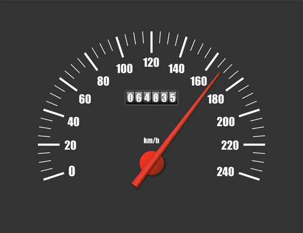 Realistische snelheidsmeter geïsoleerd op zwarte achtergrond. Sport wagen kilometerteller met motor mijlen meetschaal. Race snelheid teller. Motor Power concept sjabloon. Vector illustratie — Stockvector