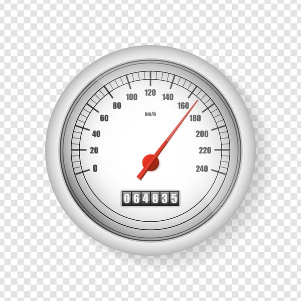 透明な背景に隔離された現実的な白いスピードメーター。モーターマイル測定スケールを備えたスポーツカー走行距離計。レーシングスピードカウンター。エンジンパワーコンセプトテンプレート。ベクトルイラスト — ストックベクタ