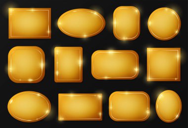 Altın parlak parlayan vintage çerçeveler siyah arka plan üzerinde izole plaka paketi. Altın lüks gerçekçi sınır seti. Düğün, anneler veya Sevgililer Günü kavramı. Xmas ve Yeni Yıl kağıt soyut. Vektör