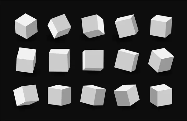 Paquete de cubos 3D blancos aislados sobre fondo negro. Múltiples cubos. Luz, perspectiva y ángulo diferentes. Ilustración vectorial — Vector de stock