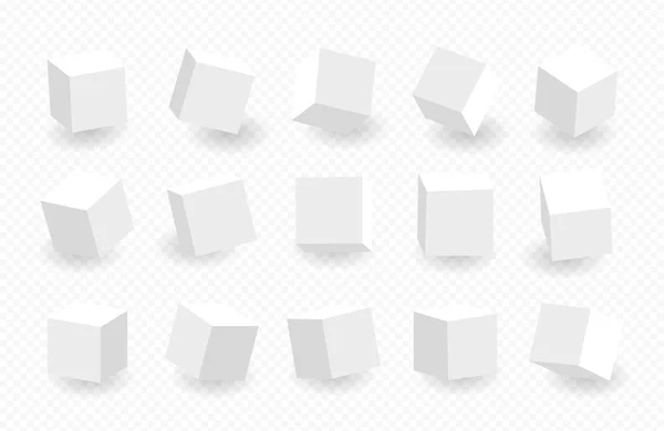 Pack cube 3D blanc isolé sur fond transparent. Plusieurs cubes. Lumière, perspective et angle différents. Illustration vectorielle — Image vectorielle