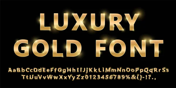 Glänsande modern guld typsnitt isolerad på svart bakgrund. Vintage gyllene siffror och bokstäver med skuggor. Detaljerade 3D alfabetet. Typografi gult guld djärvt mockup. Års jubileum bokstäver. Vektor — Stock vektor