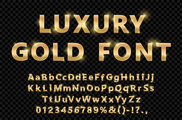 Glänsande modern guld typsnitt isolerad på svart transparent bakgrund. Vintage gyllene siffror och bokstäver med skuggor. Detaljerade 3D alfabetet. Typografi gult guld djärvt mockup. Års jubileum bokstäver. Vektor — Stock vektor