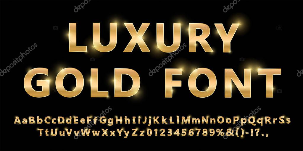 Shiny modern gold font isolated on black background. Vintage golden numbers and letters with shadows. Detailed 3d alphabet. Typography yellow gold bold mockup. Anniversary letters. Vector