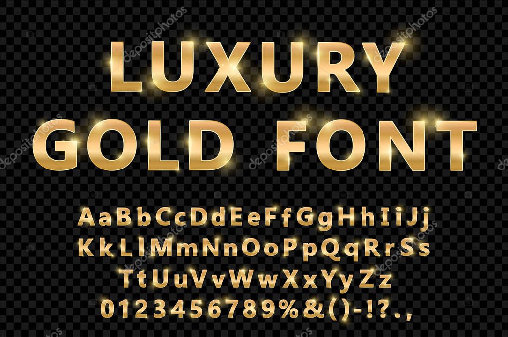 Shiny modern gold font isolated on black transparent background. Vintage golden numbers and letters with shadows. Detailed 3d alphabet. Typography yellow gold bold mockup. Anniversary letters. Vector