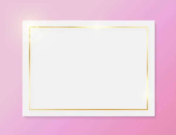 Gold shiny glowing vintage frame on white plate isolated on pink background. Golden luxury realistic border. Wedding, mothers or Valentines day concept. Xmas and New Year paper abstract — Stock Photo, Image