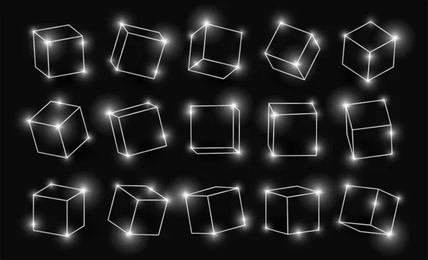 Silver Shiny 3D kuber Pack isolerad på svart bakgrund. Flera kuber. Olika ljus, perspektiv och vinkel. Glödande vit metall 3D ramar set — Stockfoto