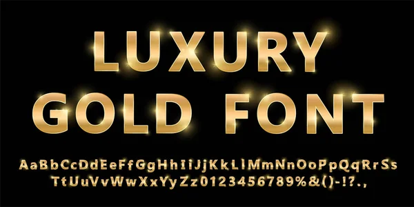 Brillante fuente de oro moderno aislado sobre fondo negro. Números dorados vintage y letras con sombras. Alfabeto 3d detallado. Typography yellow gold bold mockup. Cartas de aniversario — Foto de Stock