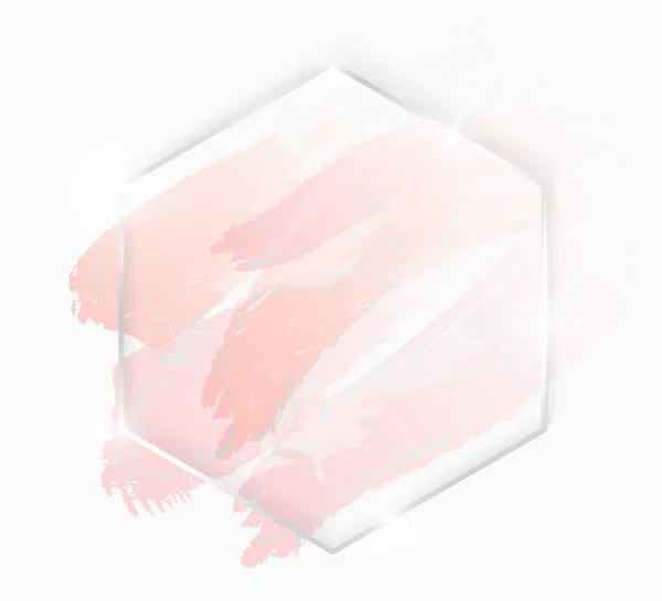 Silbrig glänzender Sechseckrahmen mit rosafarbenen Pinselstrichen isoliert auf Weiß. Weihnachtskartendesign. goldene Luxuslinie Grenze für Einladung, Verkauf, Mode, Hochzeit, Foto usw. Vektor — Stockvektor