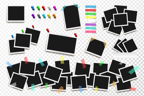 Set van realistische vector vierkante frames, pennen en papier stickers op transparante achtergrond. Vectorillustratie — Stockvector
