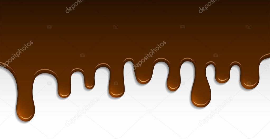 Melted chocolate isolated. Decoration background. Flowing brown liquid, dripping wet, chocolate decor border isolated on white. Vector illustration