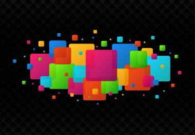 Modern renkli kareler siyah soyut arka plan üzerinde izole soyut glitter. Renkli parçacıklar desen kavramı. Sunum, poster, el ilanı, kapak, broşür, afiş için yeni tasarım