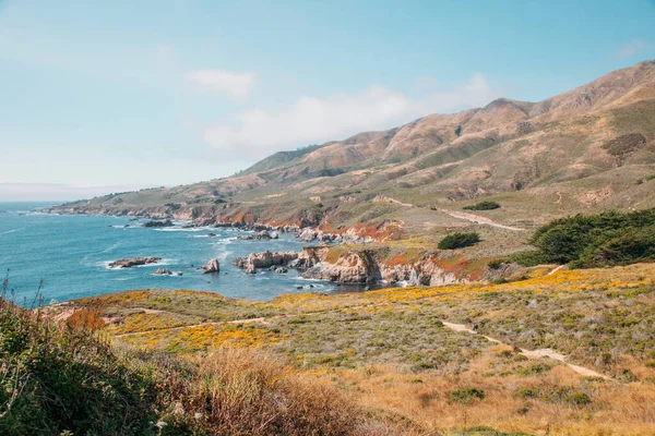 カリフォルニア州のモントレーシティの近くの美しい風景 大きな波と岩の崖とターコイズブルーの海 カリフォルニアのパラダイスビーチ 太平洋と植物と崖 — ストック写真