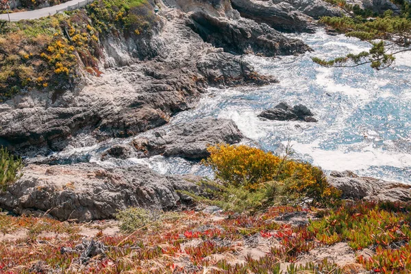 カリフォルニア州のモントレーシティの近くの美しい風景 大きな波と岩の崖とターコイズブルーの海 カリフォルニアのパラダイスビーチ 太平洋と植物と崖 — ストック写真