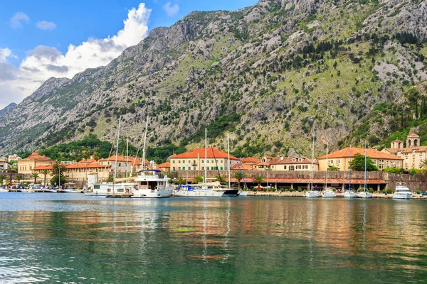 Adriatic Sea Coastline View Old City Kotor Surrounded Mountains Marina — Stock Photo, Image