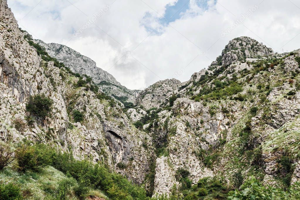 View to the high mountains near the Kotor city in Montenegro, nature landscape.