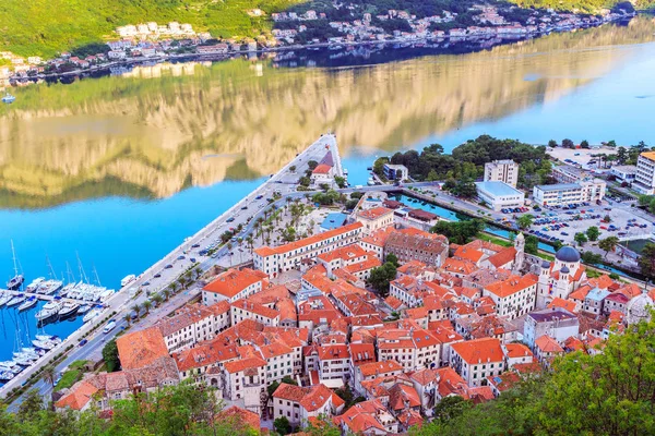Kilátás Fentről Régi Történelmi Város Kotor Narancssárga Csempe Tetők Adriai — Stock Fotó