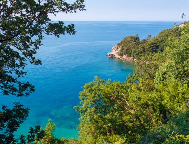Yukarıdan Karadağ 'daki turkuaz su ve Adriyatik kıyılarından manzara, doğa manzarası, yaz cennetine tatiller.