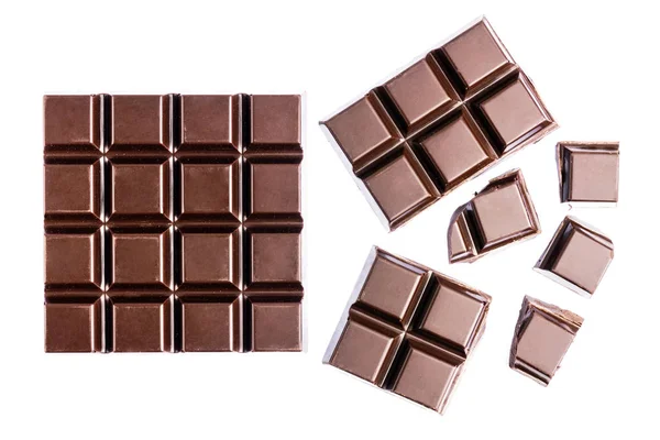 Cubes Chocolat Morceaux Chocolat Amer Barre Chocolat Noir Isolé Sur — Photo