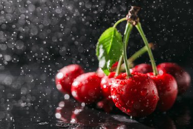 Koyu arkaplanda su damlaları olan taze kırmızı kirazlar, yakın plan görünüm..