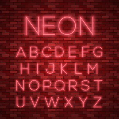Gerçekçi neon alfabe. Parlak neon parlak yazı tipi