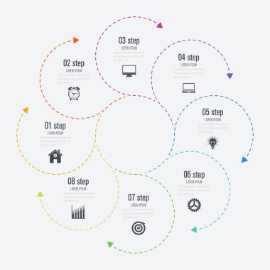Infographics Şablon 8 daire seçenekleriyle. Bilgi ve veri görselleştirme. Dinamik infographics şık geometrik. öğe için tasarım iş Davetiyeler, hediye kartları, el ilanları ve broşürler