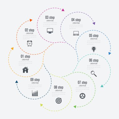 Infographics Şablon 9 daire seçenekleriyle
