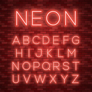 Gerçekçi neon alfabe. Parlak neon parlak yazı tipi