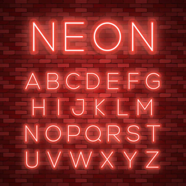 Ρεαλιστική νέον αλφάβητο. Φωτεινός neon πυρακτωμένο γραμματοσειρά — Διανυσματικό Αρχείο
