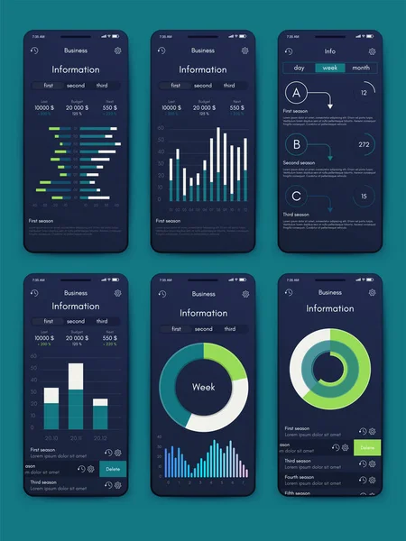 Diferentes IU, UX, pantallas GUI e iconos web planos para aplicaciones móviles — Archivo Imágenes Vectoriales