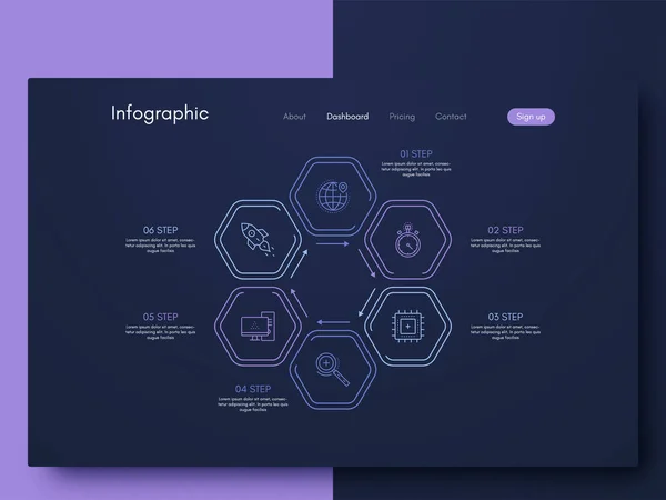 Vektorgrafik-Infografik mit sechs Optionen. Vorlage zur Erstellung mobiler Anwendungen, Workflow-Layout, Diagramm, Banner, Webdesign, Geschäftsberichte mit 6 Schritten — Stockvektor