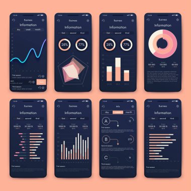Mobil uygulamalar için farklı Ui, Ux, Gui ekranları ve düz web simgeleri