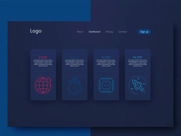 Infografica grafica vettoriale con quattro opzioni. Modello per la creazione di applicazioni mobili, layout del flusso di lavoro, diagramma, banner, web design, report aziendali con 4 passaggi — Vettoriale Stock