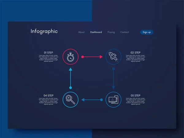 Infográficos gráficos vetores com quatro opções. Modelo para criação de aplicativos móveis, layout de fluxo de trabalho, diagrama, banner, web design, relatórios de negócios com 4 etapas — Vetor de Stock