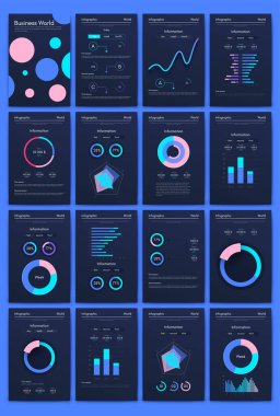 İş broşürleri için modern bilgi vektör unsurları. Web sitesinde, şirket broşürlerinde, reklamlarda ve pazarlamada kullanın. Pasta grafikleri, çizgi grafikleri, çubuk grafikleri ve zaman çizgileri.