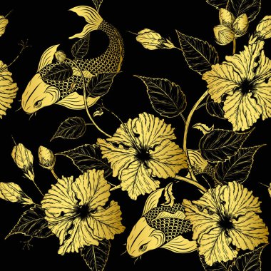 Koi balığı ve Hibiscus çiçek desenleri elle çizilmiş. Dövme sanatı sanat tarzında ayrıntılı. Batik boyası için çiçek desenleri.