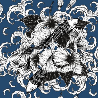 Koi balığı ve Hibiscus el çizimi ile kusursuz desen. Dövme sanatı, sanat tarzında son derece detaylı. Batik boyası için çiçek desenleri..