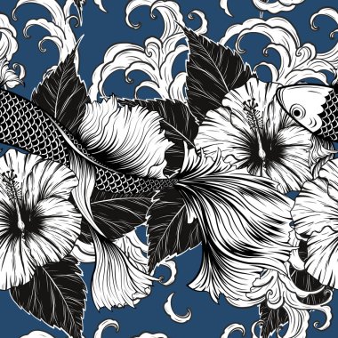 Koi balığı ve Hibiscus el çizimi ile kusursuz desen. Dövme sanatı, sanat tarzında son derece detaylı. Batik boyası için çiçek desenleri..