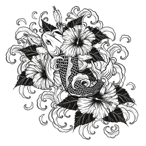 Koi Ψάρια Και Hibiscus Τατουάζ Χέρι Drawing Tattoo Τέχνη Εξαιρετικά — Διανυσματικό Αρχείο