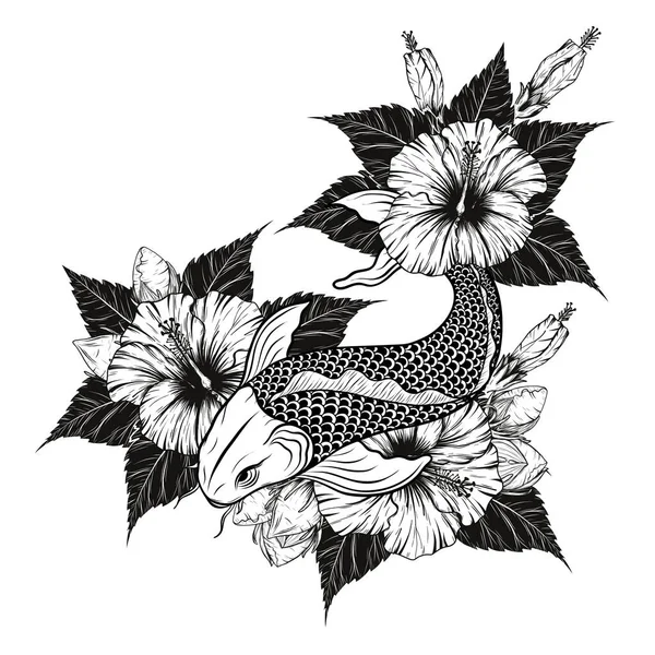 Koi Pescado Hibiscus Tatuaje Por Dibujo Mano Tattoo Arte Altamente — Vector de stock