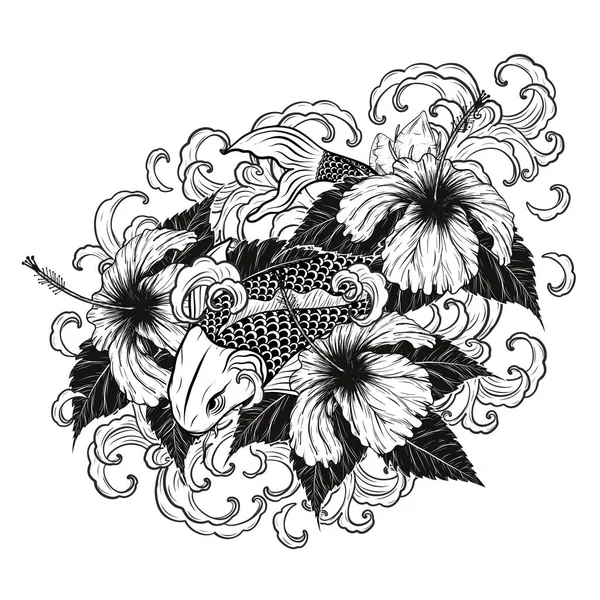 Koi Hal Hibiscus Tetoválás Kézzel Rajzolás Tetoválás Művészet Nagyon Részletes — Stock Vector