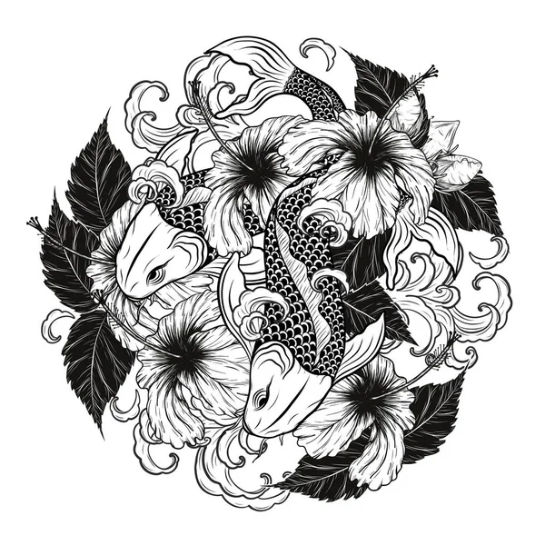 Koi Ψάρια Και Hibiscus Τατουάζ Χέρι Drawing Tattoo Τέχνη Εξαιρετικά — Διανυσματικό Αρχείο