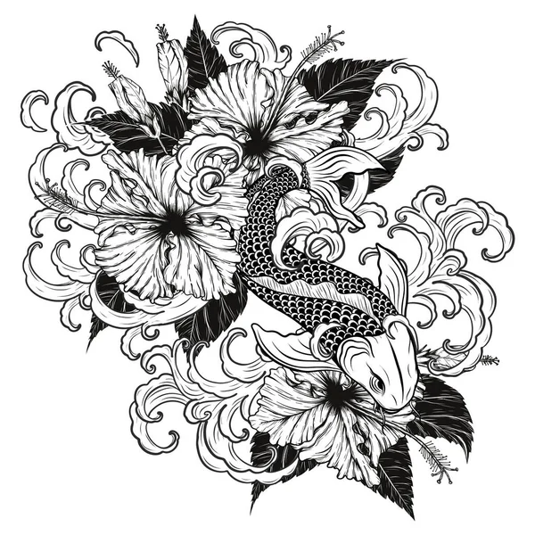Koi Balığı Hibiscus Dövmesi Elle Çizilmiş Dövme Sanatı Çok Detaylı — Stok Vektör